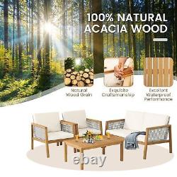 4-Piece Garden Wicker Patio Furniture Set Outdoor Acacia Wood Conversation Set