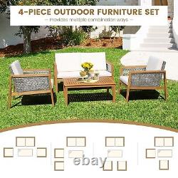 4-Piece Garden Wicker Patio Furniture Set Outdoor Acacia Wood Conversation Set