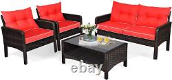 4 Piece Rattan Garden Furniture Set with Cushions & Glass Table Outdoor Patio