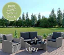 4 Seater Rattan Garden Furniture Light Grey Patio Sofa Set Armchairs FREE COVER