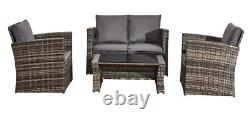 4PC Rattan Garden Furniture Set Outdoor Patio Sofa, 2 Armchairs & Glass Table