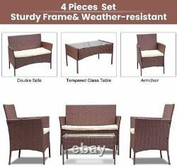4PCS Brown Rattan Garden Furniture Outdoor Sofa Chair Table Patio Conservatory