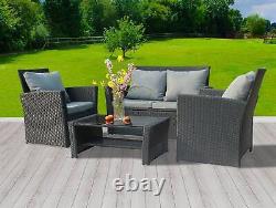 4PCS Garden Rattan Furniture Armchair Sofa Glass Coffee Table Patio Set Black