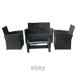 4PCS Garden Rattan Furniture Armchair Sofa Glass Coffee Table Patio Set Black