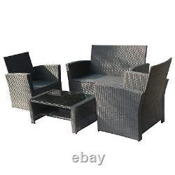 4PCS Garden Rattan Furniture Armchair Sofa Glass Coffee Table Patio Set Black