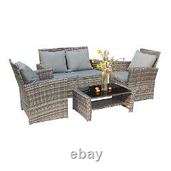 4PCS Garden Rattan Furniture Armchair Sofa Glass Coffee Table Patio Set Grey