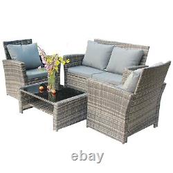 4PCS Garden Rattan Furniture Armchair Sofa Glass Coffee Table Patio Set Grey