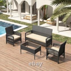 4Pcs Rattan Garden Furniture Set, Patio Rattan furniture sofa with 2 Armchairs