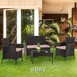 4pc Garden Rattan Black Furniture Set Patio Glass Table Chair Sofa Relax Outdoor