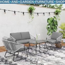 4pcs Rattan Garden Furniture Set Patio Sofa, Chairs & Glass Table Outdoor Grey