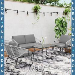 4pcs Rattan Garden Furniture Set Patio Sofa, Chairs & Glass Table Outdoor Grey