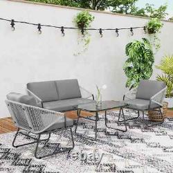 4pcs Rattan Garden Furniture Set Patio Sofa, Chairs & Glass Table Outdoor Grey