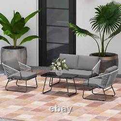 4pcs Rattan Garden Furniture Set Patio Sofa, Chairs & Glass Table Outdoor Grey