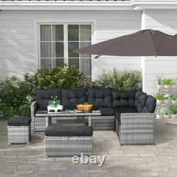 5pcs PE Garden Furniture Corner Patio Sofa Set Glass Table Stool Cushions Grey