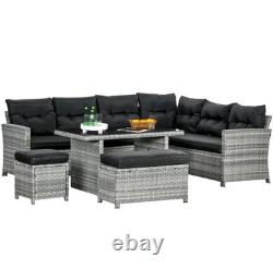 5pcs PE Garden Furniture Corner Patio Sofa Set Glass Table Stool Cushions Grey