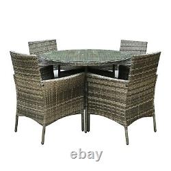 5pcs Rattan Dining Set Garden Patio Furniture 4 Chairs & Round Table Grey