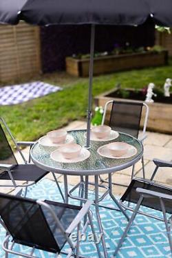 6 Piece Garden Patio Furniture Set Glass Top Table 4 Folding Chairs Parasol