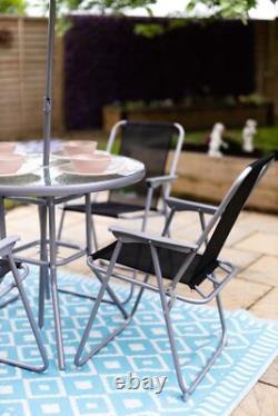 6 Piece Garden Patio Furniture Set Glass Top Table 4 Folding Chairs Parasol