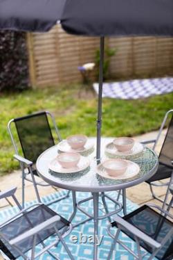 6 Piece Garden Patio Furniture Set Glass Top Table 4 Folding Chairs Parasol