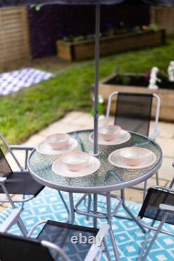 6 Piece Garden Patio Furniture Set Glass Top Table 4 Folding Chairs Parasol