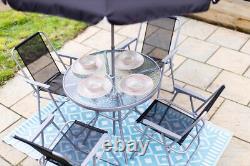 6 Piece Garden Patio Furniture Set Glass Top Table 4 Folding Chairs Parasol