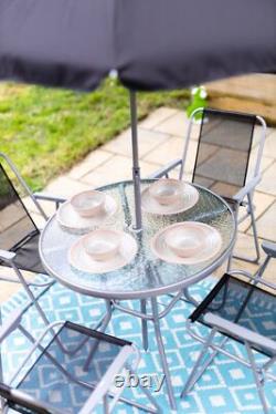 6 Piece Garden Patio Furniture Set Glass Top Table 4 Folding Chairs Parasol