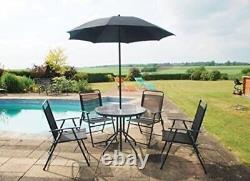 6 Piece Garden Patio Furniture Set Glass Top Table 4 Folding Chairs Parasol