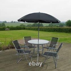 6 Piece Garden Patio Furniture Set Glass Top Table 4 Folding Chairs Parasol