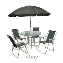 6 Piece Garden Patio Furniture Set Glass Top Table 4 Folding Chairs Parasol