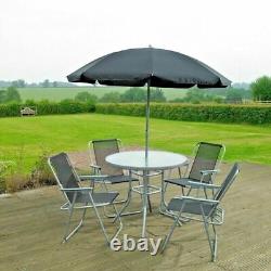 6 Piece Garden Patio Furniture Set Glass Top Table 4 Folding Chairs Parasol