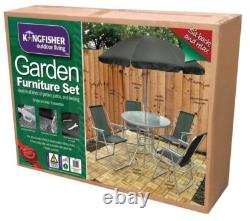 6 Piece Garden Patio Furniture Set Glass Top Table 4 Folding Chairs Parasol