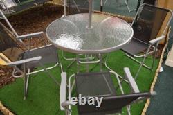 6 Piece Garden Patio Furniture Set Glass Top Table 4 Folding Chairs Parasol