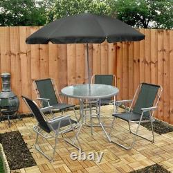 6 Piece Garden Patio Furniture Set Glass Top Table 4 Folding Chairs Parasol