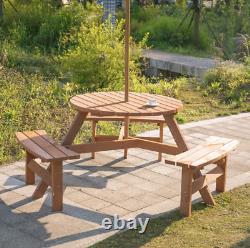 6 Seater Garden Furniture Set Round Table And 3 Bench Seats Outdoor Patio Wooden