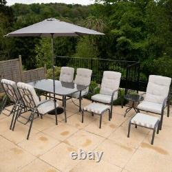 6 Seater Metal Dining Set Parasol Garden Furniture Outdoor Patio Seating Grey