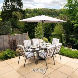 6 Seater Metal Dining Set Parasol Garden Furniture Outdoor Patio Stripe Grey