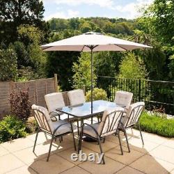 6 Seater Metal Dining Set Parasol Garden Furniture Outdoor Patio Stripe Grey