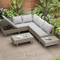 6-seater Rattan Patio Garden Furniture Set L-shape Sofa Table with Cushions Khaki