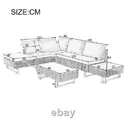 6-seater Rattan Patio Garden Furniture Set L-shape Sofa Table with Cushions Khaki