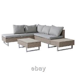 6-seater Rattan Patio Garden Furniture Set L-shape Sofa Table with Cushions Khaki