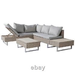 6-seater Rattan Patio Garden Furniture Set L-shape Sofa Table with Cushions Khaki