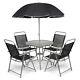 6pc Garden Patio Furniture Set Outdoor Black 4 Seat Round Table Chairs & Parasol