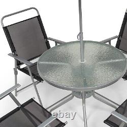 6PC Garden Patio Furniture Set Outdoor Black 4 Seat Round Table Chairs & Parasol
