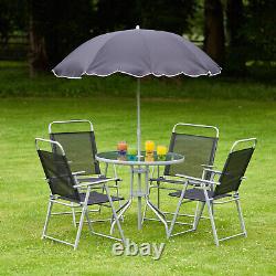6PC Garden Patio Furniture Set Outdoor Grey 4 Seat Round Table Chairs & Parasol