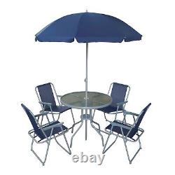 6pc Outdoor Garden Patio Furniture Set 4 Folding Chair Round Glass Table Parasol