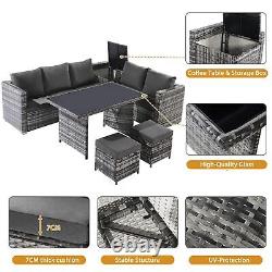 7 Seater Rattan Garden Furniture Patio Corner Sofa Set with Storage Box Grey