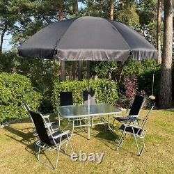 8 Piece Metal Rectangle Garden Patio Furniture Set Outdoor with Chairs & Parasol