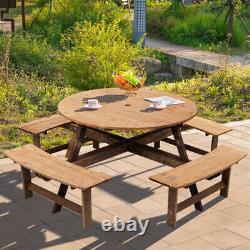 8 Seater Wood Pub Bench Round Picnic Table furniture Garden Patio WithParasol Hole