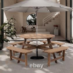 8 Seater Wood Pub Bench Round Picnic Table furniture Garden Patio WithParasol Hole