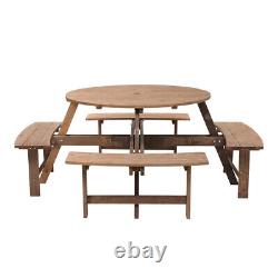 8 Seater Wood Pub Bench Round Picnic Table furniture Garden Patio WithParasol Hole